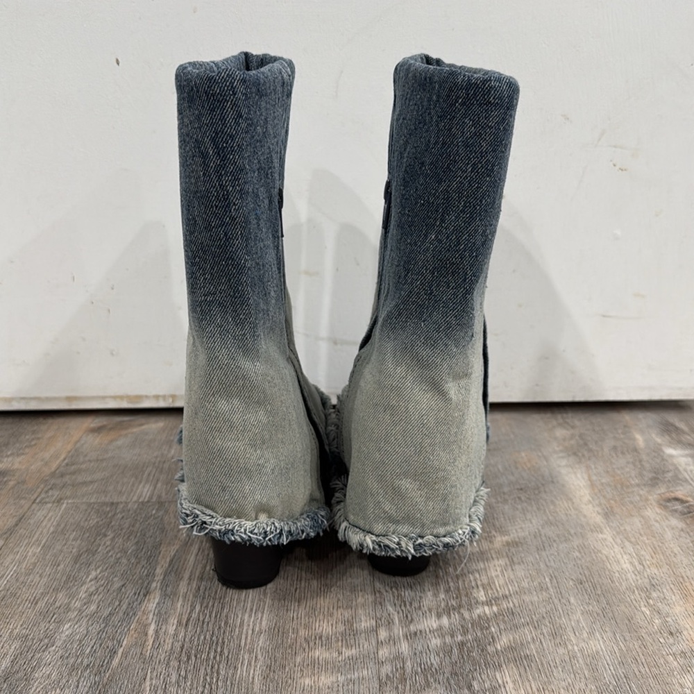 Target Wild Fable Blue Denim Jean Western Cowboy Zipper Fringe Boots Size 8 - Picture 3 of 9